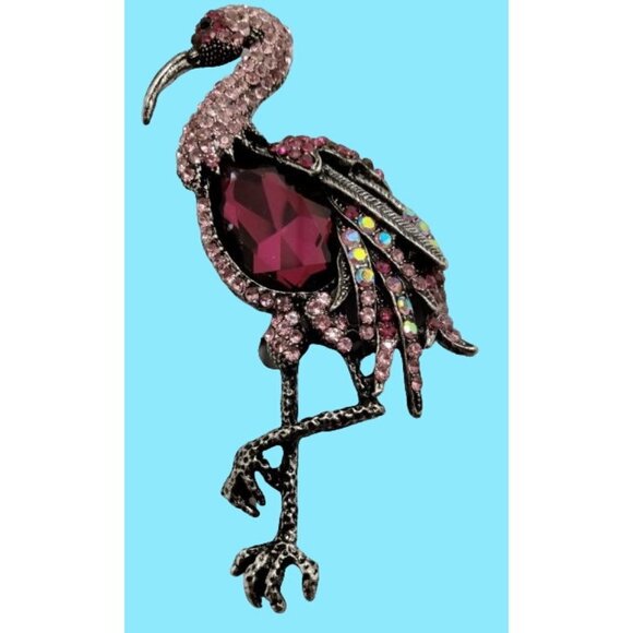 Metal Gallery Jewelry - Pink Flamingo Rhinestone Brooch Statement Pin Large Tropical Beachy Tiki